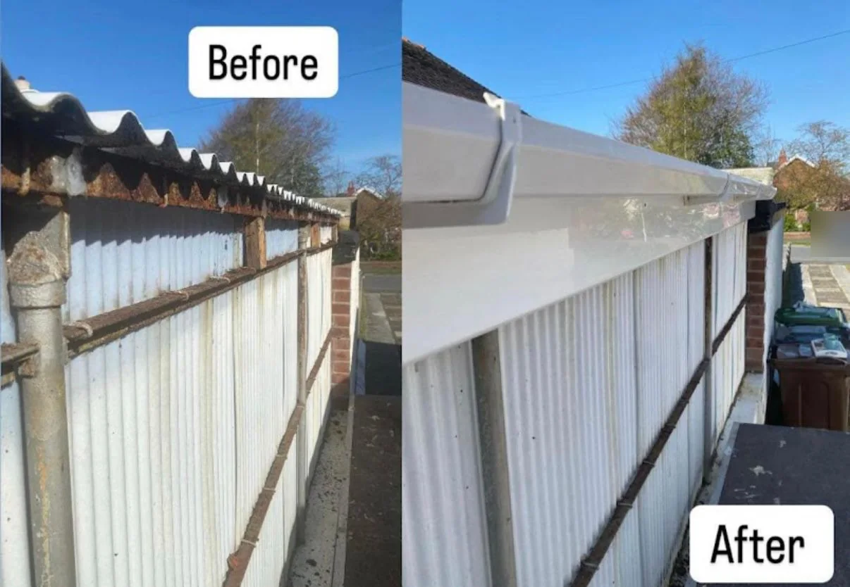 Before and after: a rusted garage roof edge replaced with new white fascia and guttering