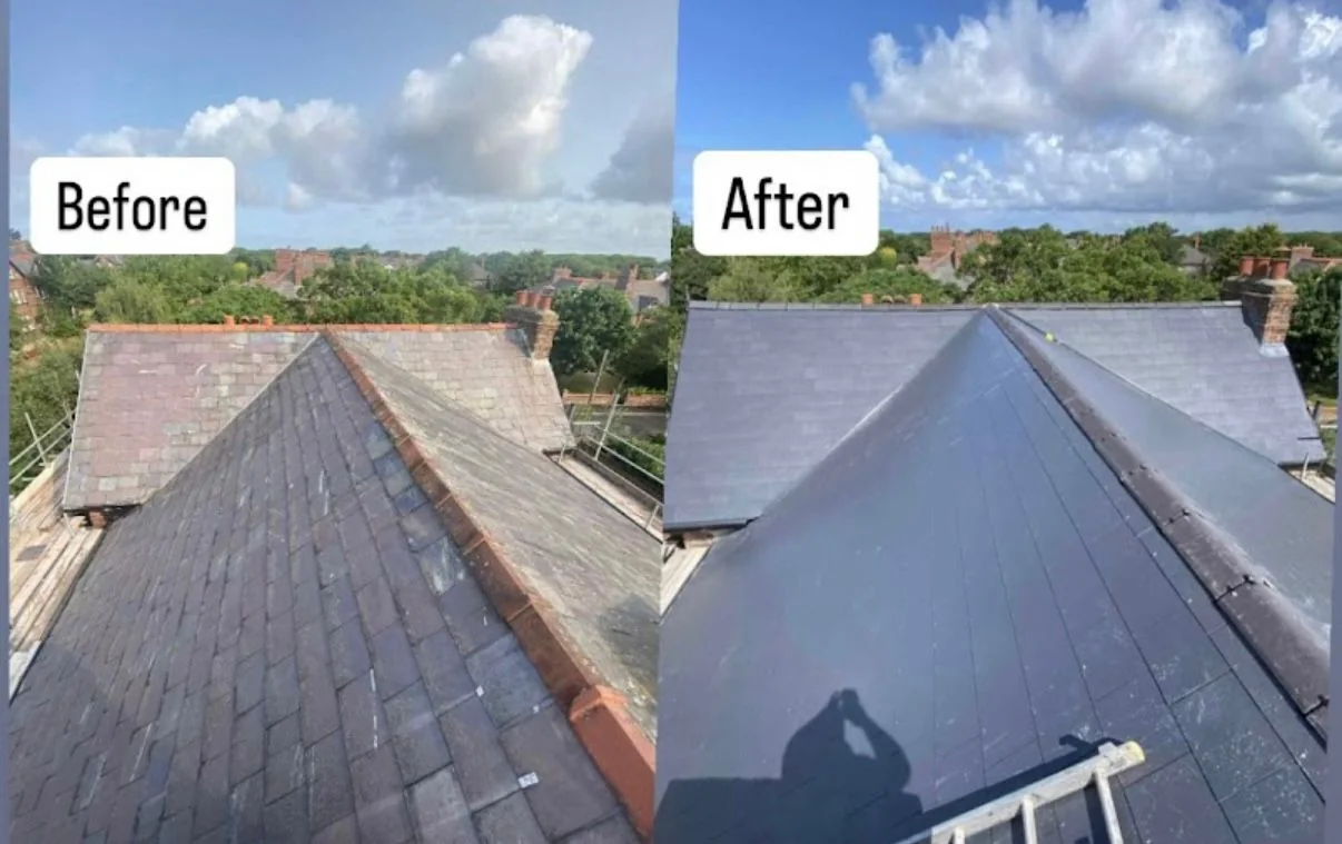 Before and after: a patchy old hipped roof re-covered in dark grey slate-effect tiles