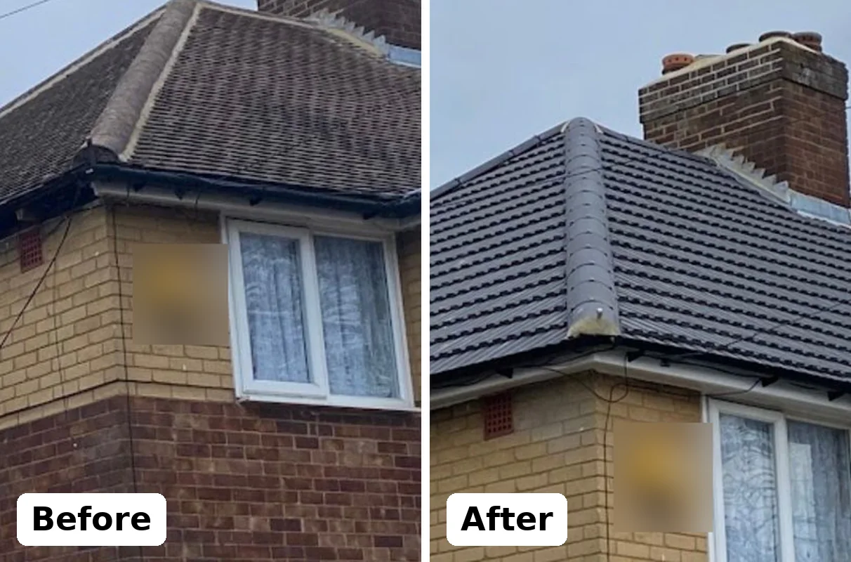 Before and after: a semi-detached house re-roofed in dark grey tiles